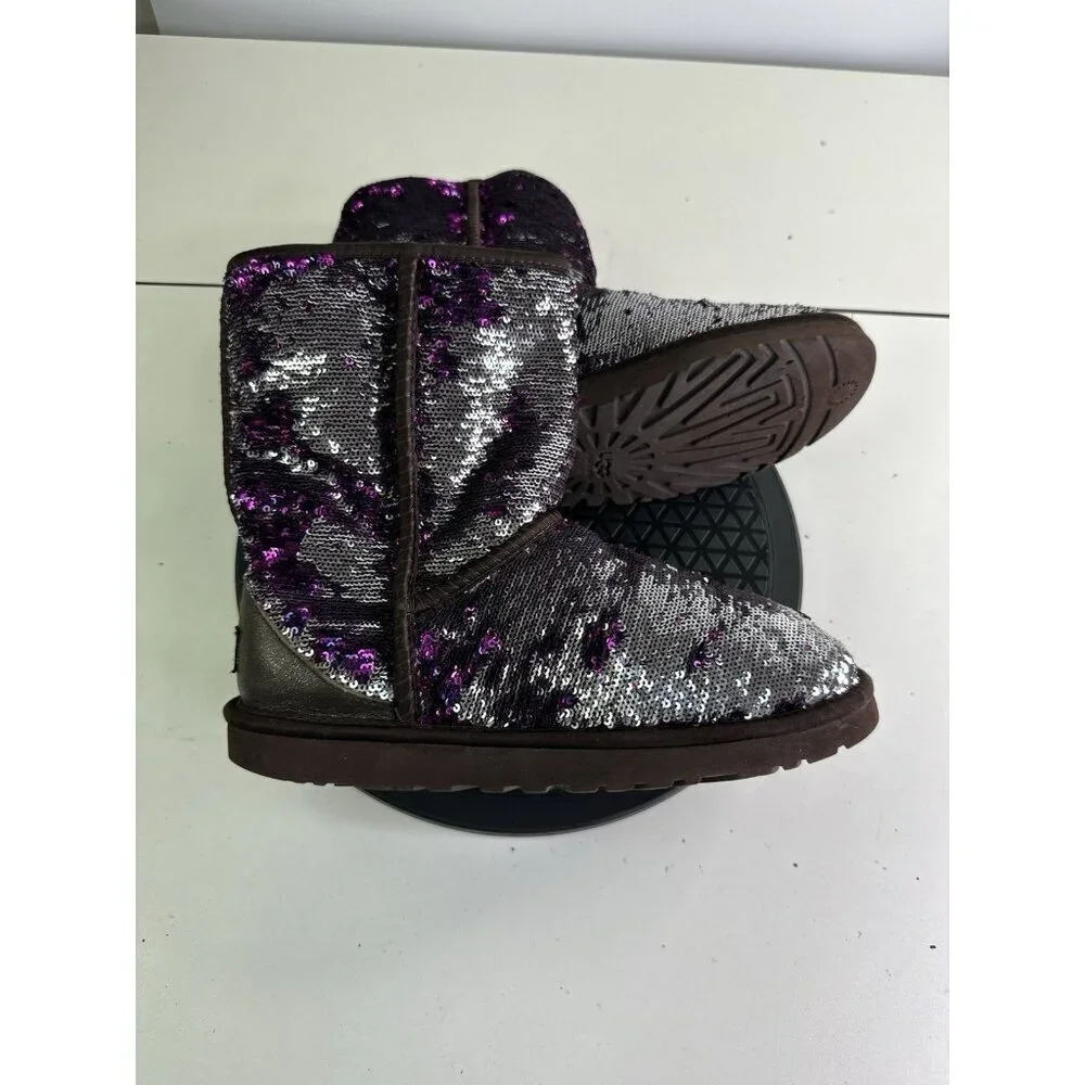 Ugg Australia Sequin Silver Purple Sparkle Winter Boot Women Size 7 Minimal Wear